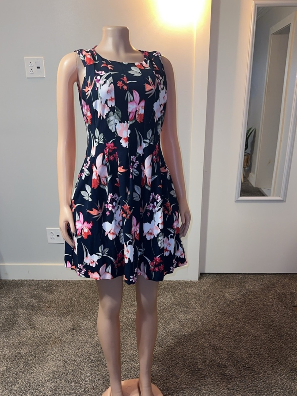 Floral Navy Fit-and-Flare Dress - Women's Navy Pink Floral